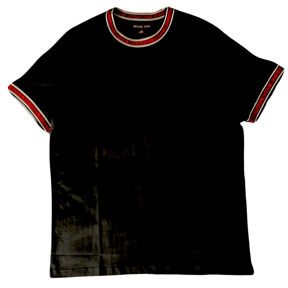 Micheal Kors Black t shirt with red black and white on the neck and sleeves